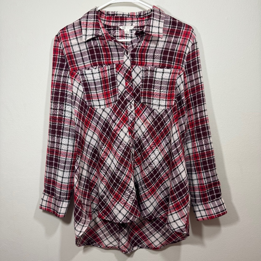 Cato Red/burgundy and cream thin plaid flannel blouse.